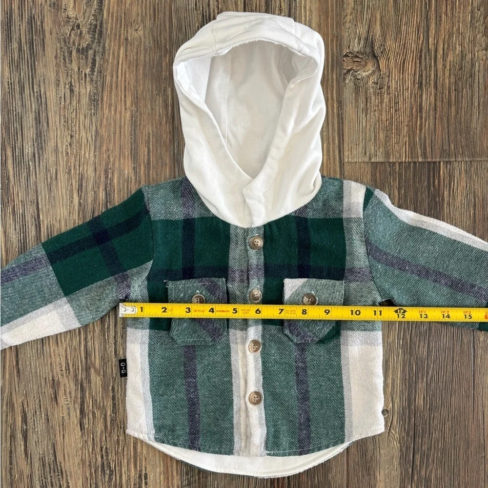 OLIVE+SCOUT Boys 6-12 Months Timber Shacket Green Plaid Hooded Flannel Jacket